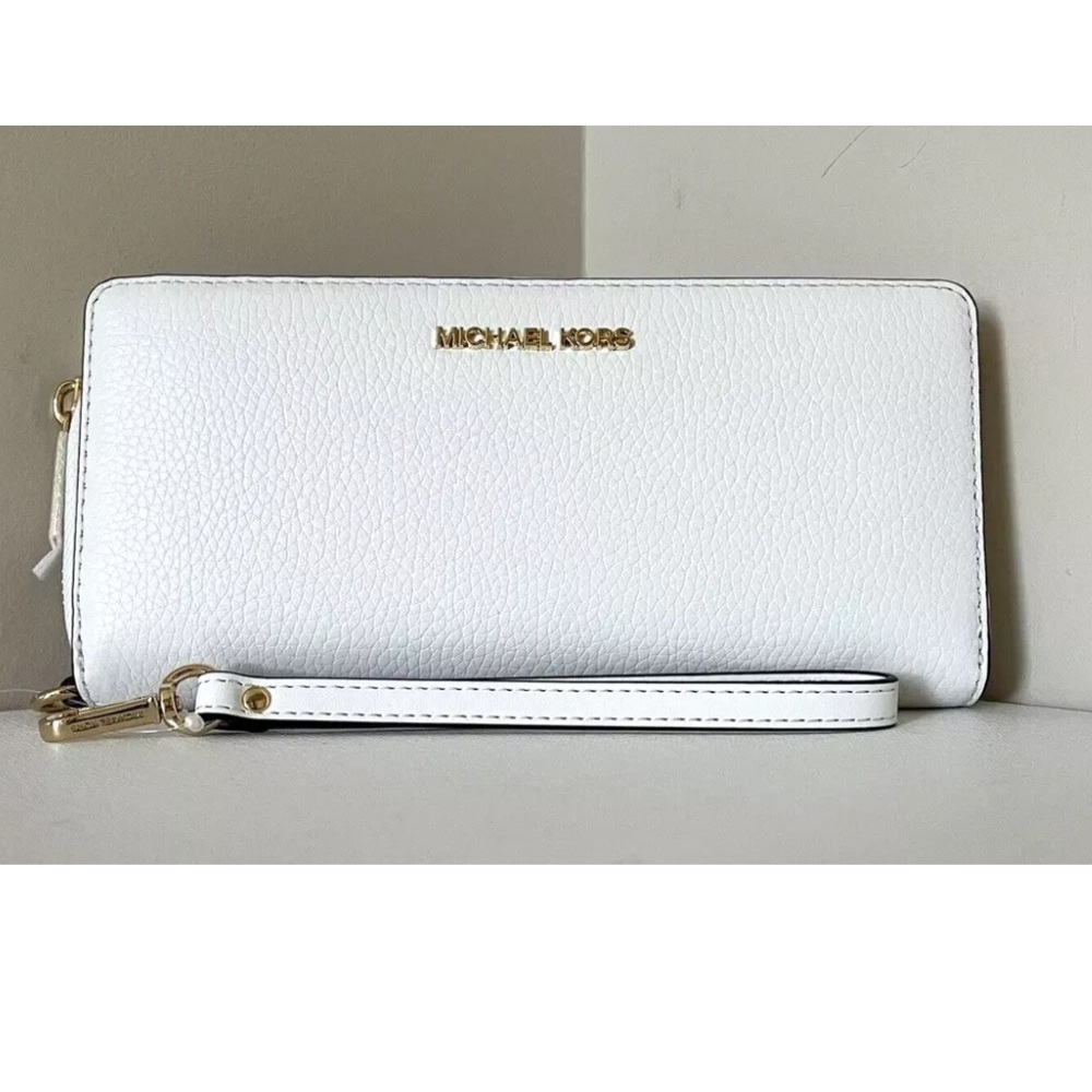 New Michael Kors Jet Set Large Travel Continental Wallet Leather Optic White